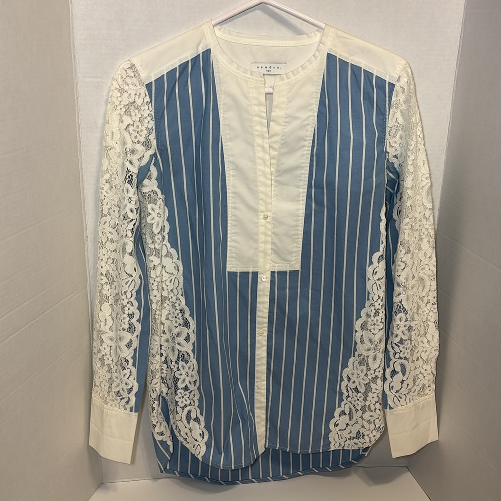 SANDRO Paris Long Sleeve Striped Lace Panels Collarless Waist Cinched Drawstring